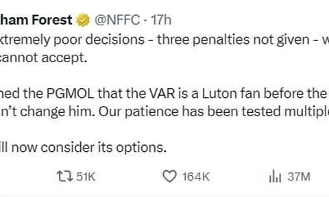 Nottingham tuyên bố đe dọa Premier League vì 'bị xử ép' quá lộ liễu