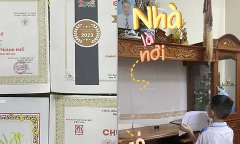 Rơi nước mắt khoảnh khắc cậu bé khoe giấy khen trước bàn thờ bố