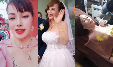 Mặc áo trễ nải, 'cô dâu 62 tuổi' Thu Sao lộ hình xăm ở vị trí tế nhị