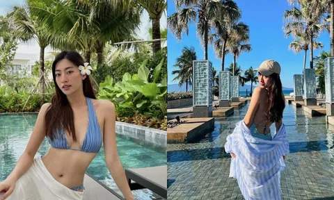Lương Thùy Linh khoe dáng nuột bên bể bơi với đồ 2 mảnh