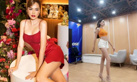 Hoa hậu Lê Hoàng Phương khoe đôi chân dài thẳng tắp trong hậu trường