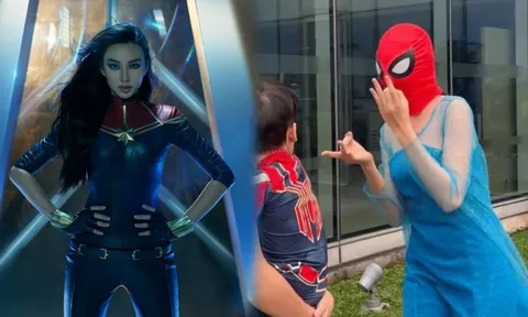 Sau khi bị bé Bo 'chê' với màn hóa thân thành Elsa, Thùy Tiên cực thần thái khi trở thành Captain Marvel