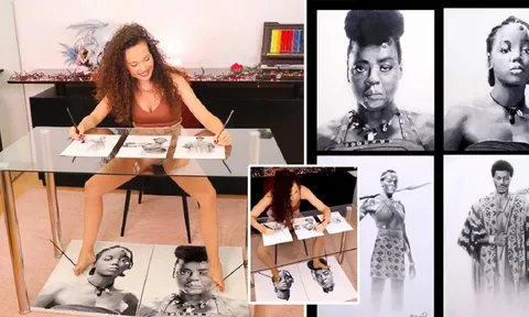 Video: Nữ họa sĩ xinh đẹp dùng cả chân lẫn tay để vẽ cùng lúc 8 bức tranh chân dung siêu thực