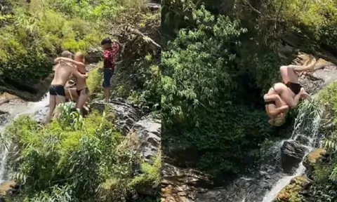 Video: Cặp du khách Tây ôm nhau nhảy xuống thác Du Già ở Hà Giang khiến nhiều người thót tim