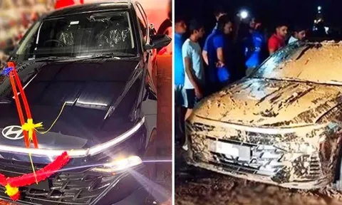 Hyundai Accent giữ an toàn cho 3 hành khách sau khi "rơi xuống sông"
