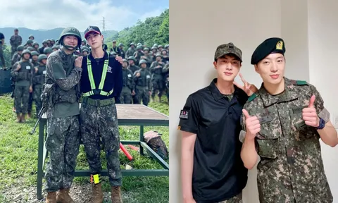 Jin (BTS) khoe ảnh chụp thân thiết với trưởng nhóm WINNER Kang Seung Yoon trong quân ngũ